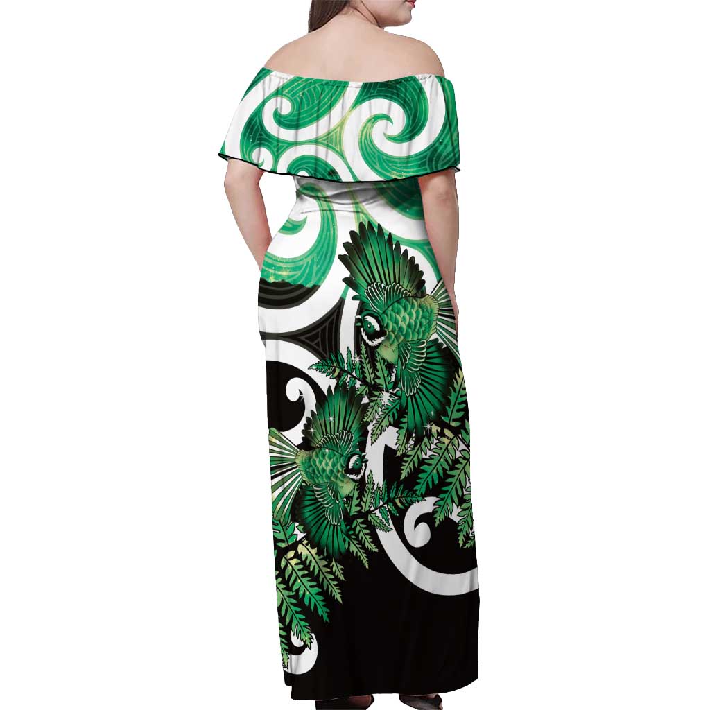 Piwakawaka New Zealand Matariki Off Shoulder Maxi Dress Maori New Year Silver Fern Green Galaxy