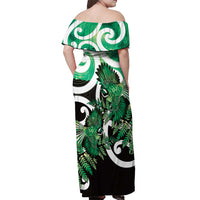 Piwakawaka New Zealand Matariki Off Shoulder Maxi Dress Maori New Year Silver Fern Green Galaxy