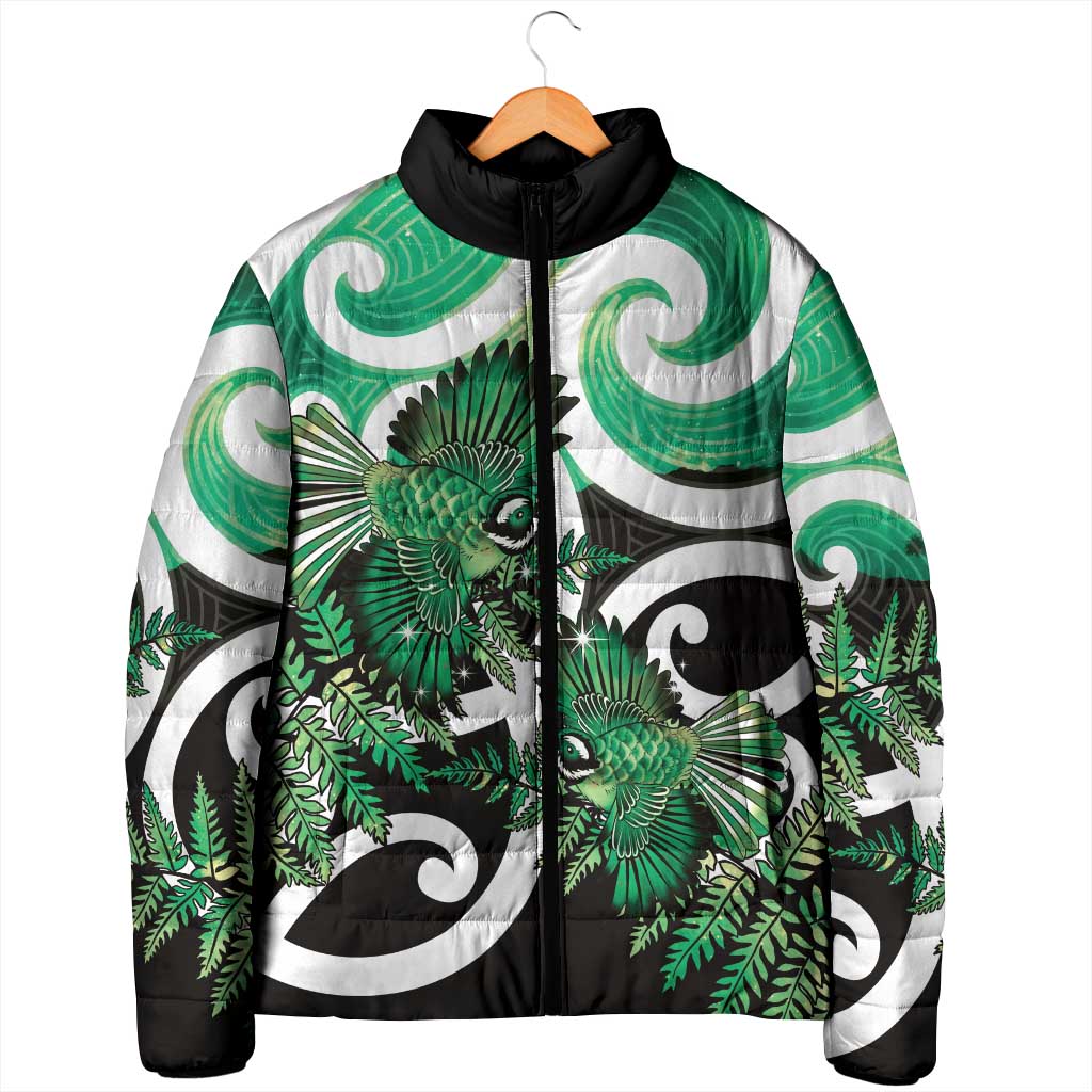 Piwakawaka New Zealand Matariki Padded Jacket Maori New Year Silver Fern Green Galaxy