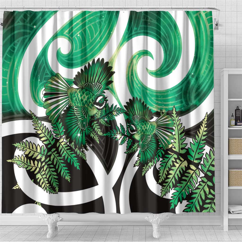 Piwakawaka New Zealand Matariki Shower Curtain Maori New Year Silver Fern Green Galaxy
