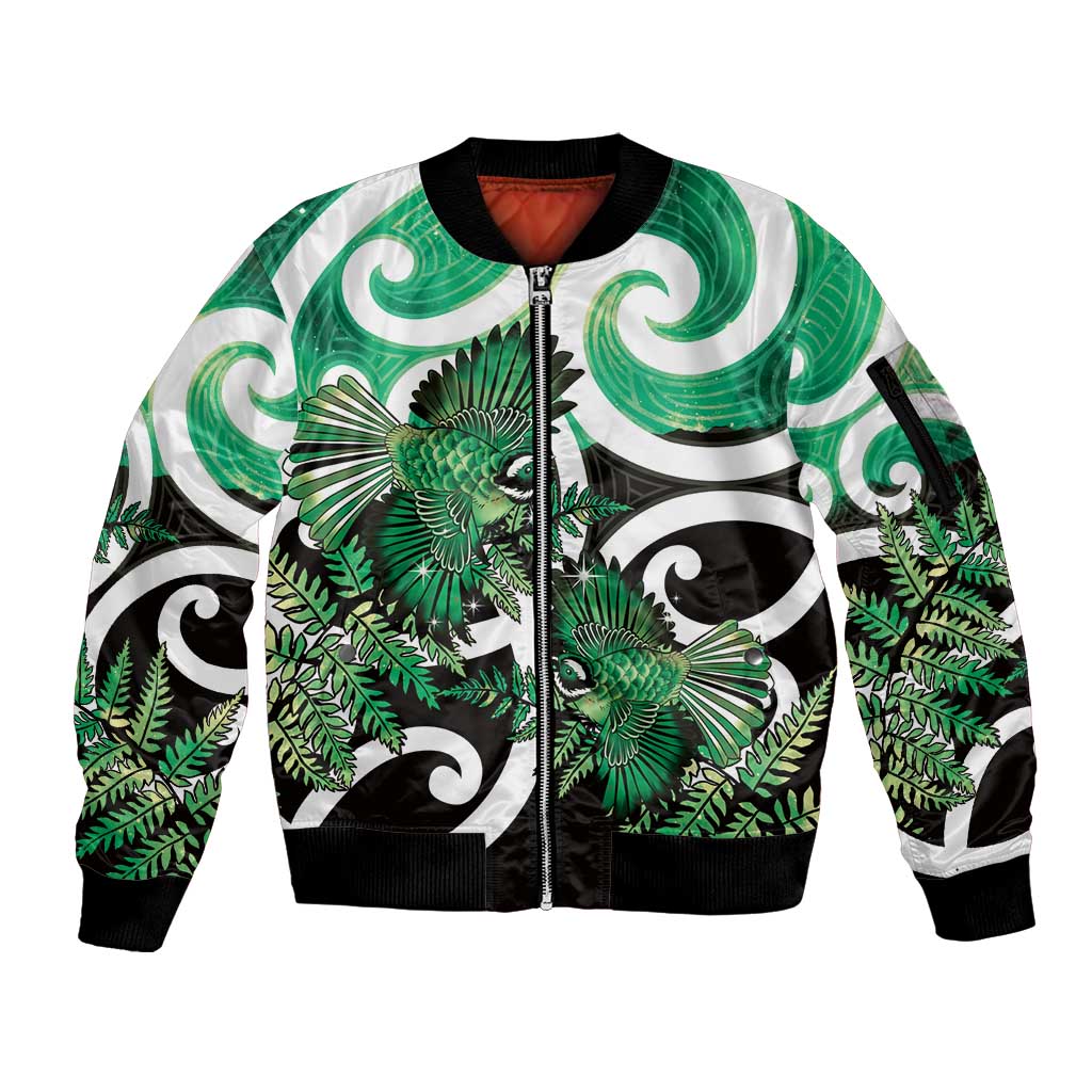 Piwakawaka New Zealand Matariki Sleeve Zip Bomber Jacket Maori New Year Silver Fern Green Galaxy LT14 Unisex Green - Polynesian Pride