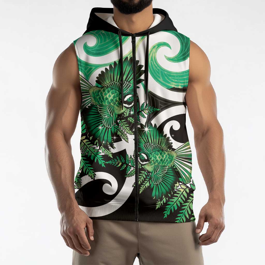 Piwakawaka New Zealand Matariki Sleeveless Zip Hoodie Maori New Year Silver Fern Green Galaxy