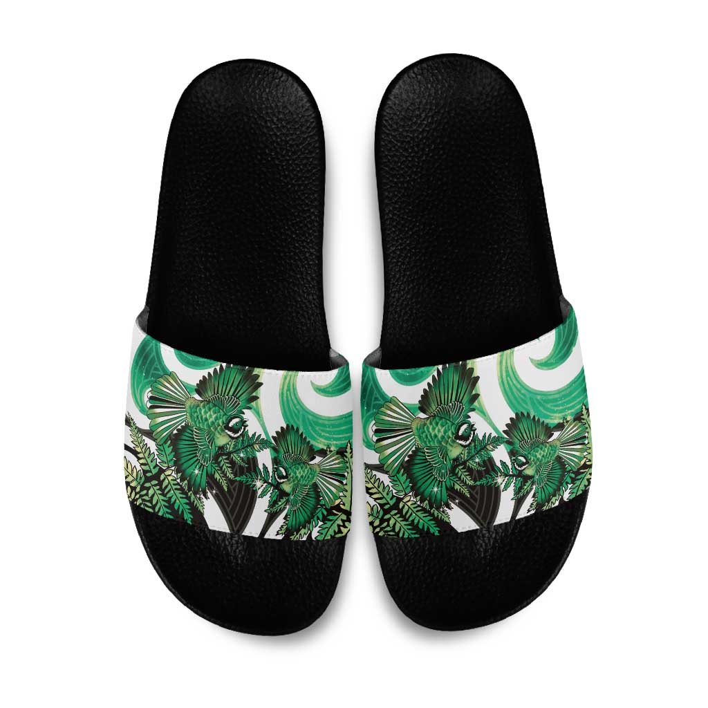 Piwakawaka New Zealand Matariki Slide Sandals Maori New Year Silver Fern Green Galaxy