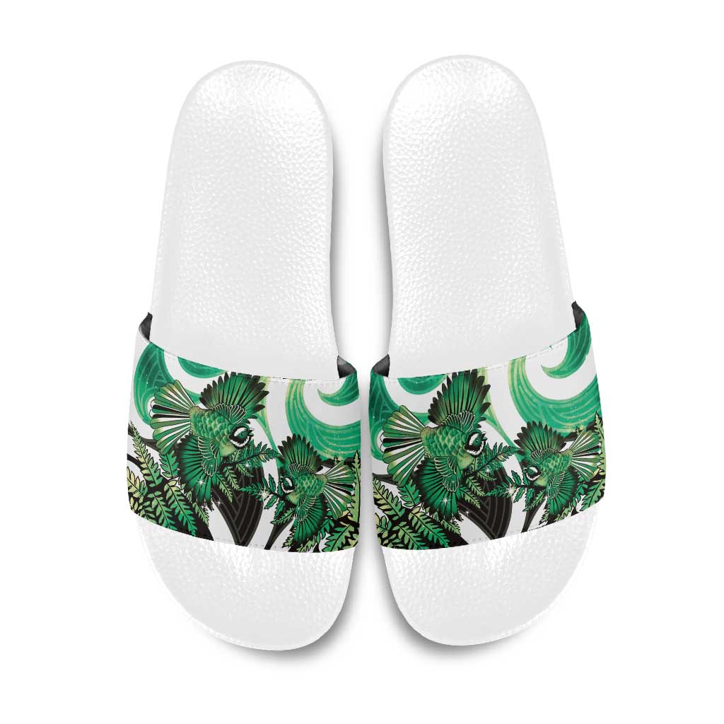 Piwakawaka New Zealand Matariki Slide Sandals Maori New Year Silver Fern Green Galaxy
