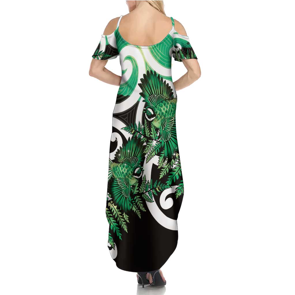 Piwakawaka New Zealand Matariki Summer Maxi Dress Maori New Year Silver Fern Green Galaxy