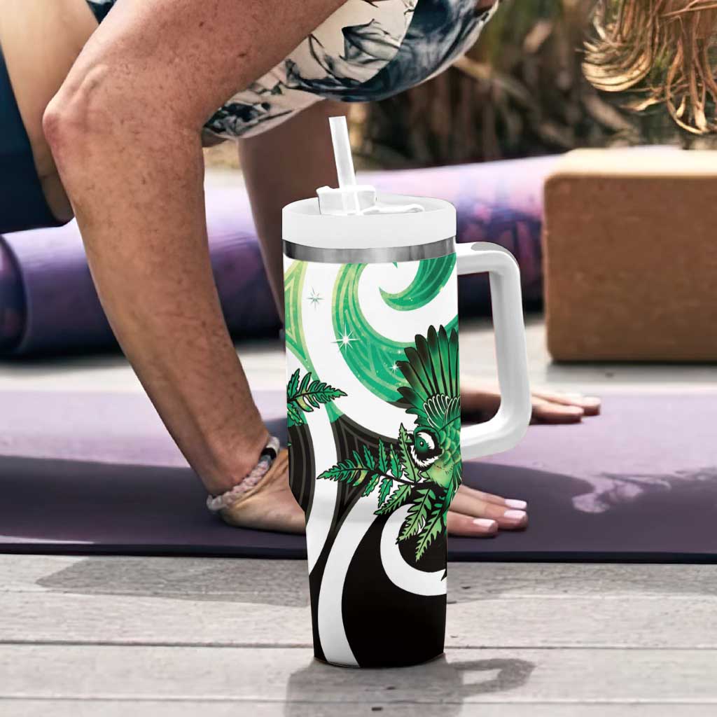 Piwakawaka New Zealand Matariki Tumbler With Handle Maori New Year Silver Fern Green Galaxy