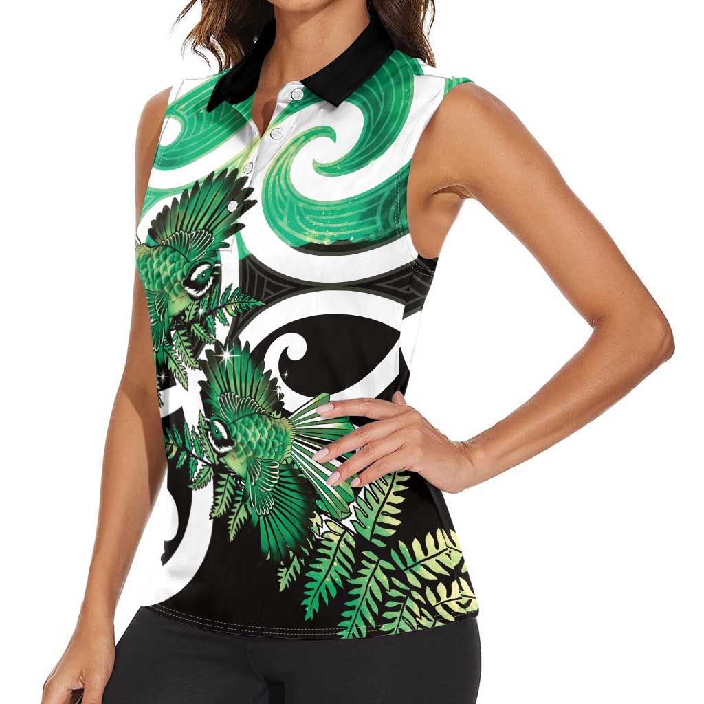 Piwakawaka New Zealand Matariki Women Sleeveless Polo Shirt Maori New Year Silver Fern Green Galaxy