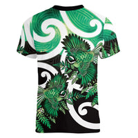 Piwakawaka New Zealand Matariki Women V-Neck T-Shirt Maori New Year Silver Fern Green Galaxy