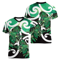 Piwakawaka New Zealand Matariki Women V-Neck T-Shirt Maori New Year Silver Fern Green Galaxy