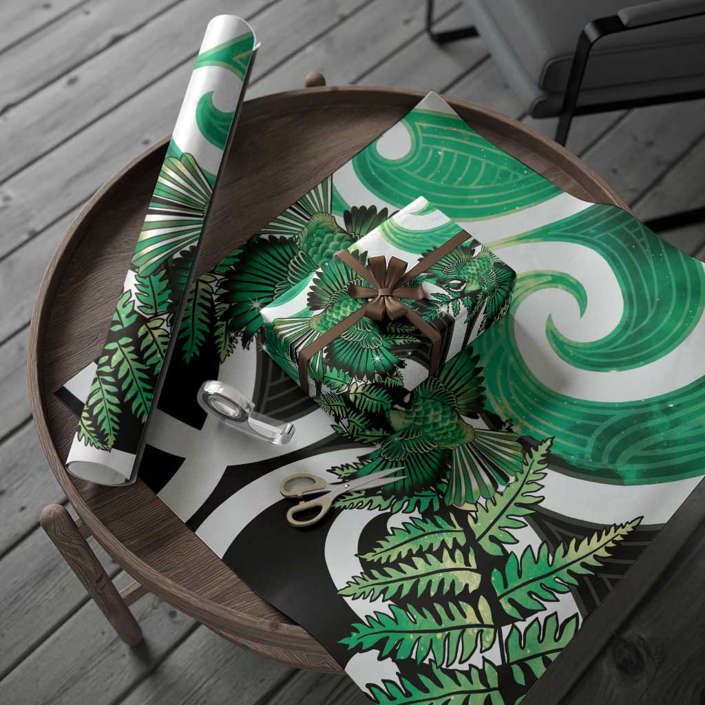 Piwakawaka New Zealand Matariki Wrapping Paper Maori New Year Silver Fern Green Galaxy