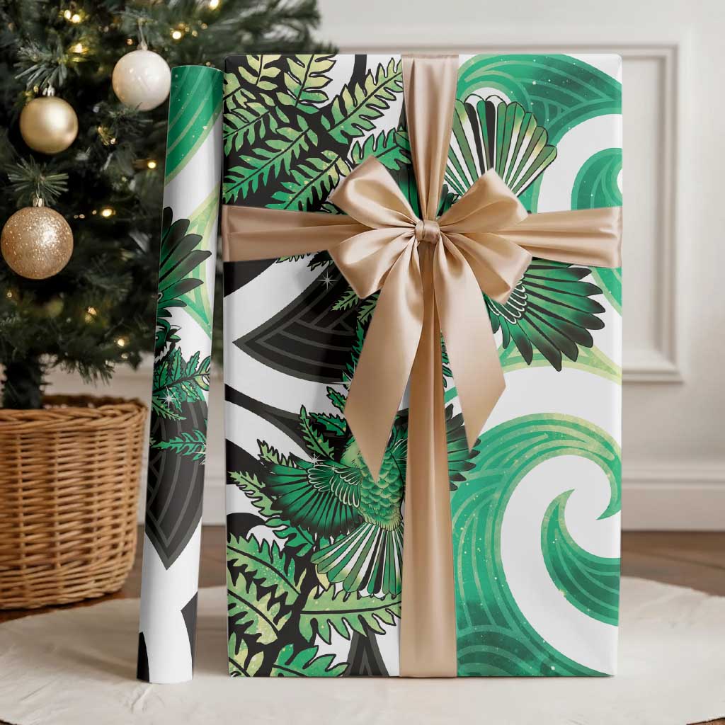 Piwakawaka New Zealand Matariki Wrapping Paper Maori New Year Silver Fern Green Galaxy