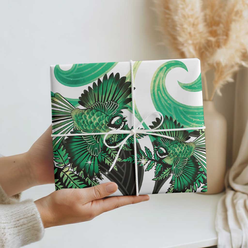 Piwakawaka New Zealand Matariki Wrapping Paper Maori New Year Silver Fern Green Galaxy