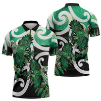 Piwakawaka New Zealand Matariki Zipper Polo Shirt Maori New Year Silver Fern Green Galaxy