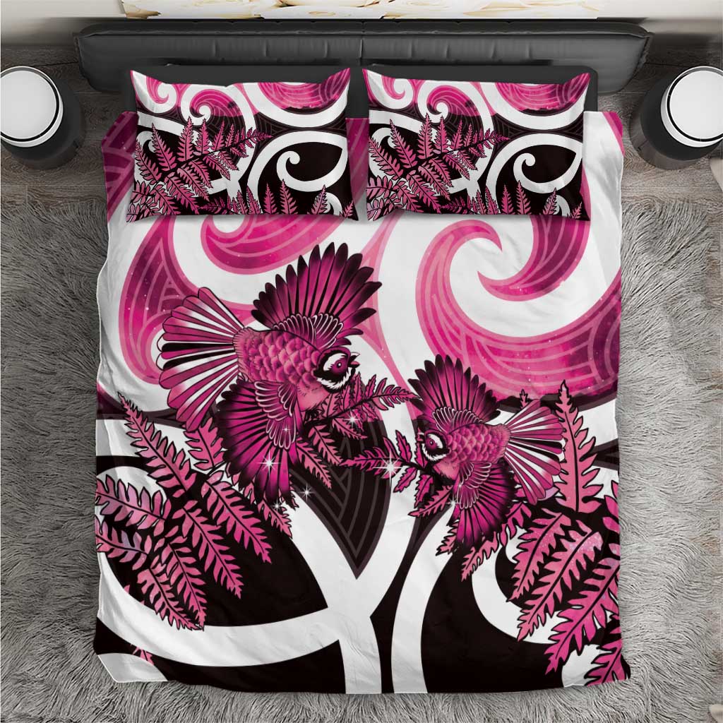 Piwakawaka New Zealand Matariki Bedding Set Maori New Year Silver Fern Pink Galaxy