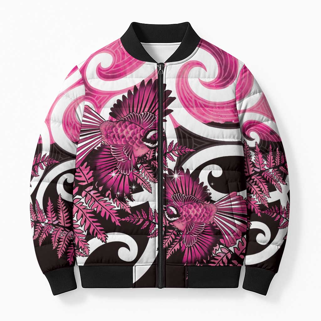 Piwakawaka New Zealand Matariki Bomber Puffer Jacket Maori New Year Silver Fern Pink Galaxy