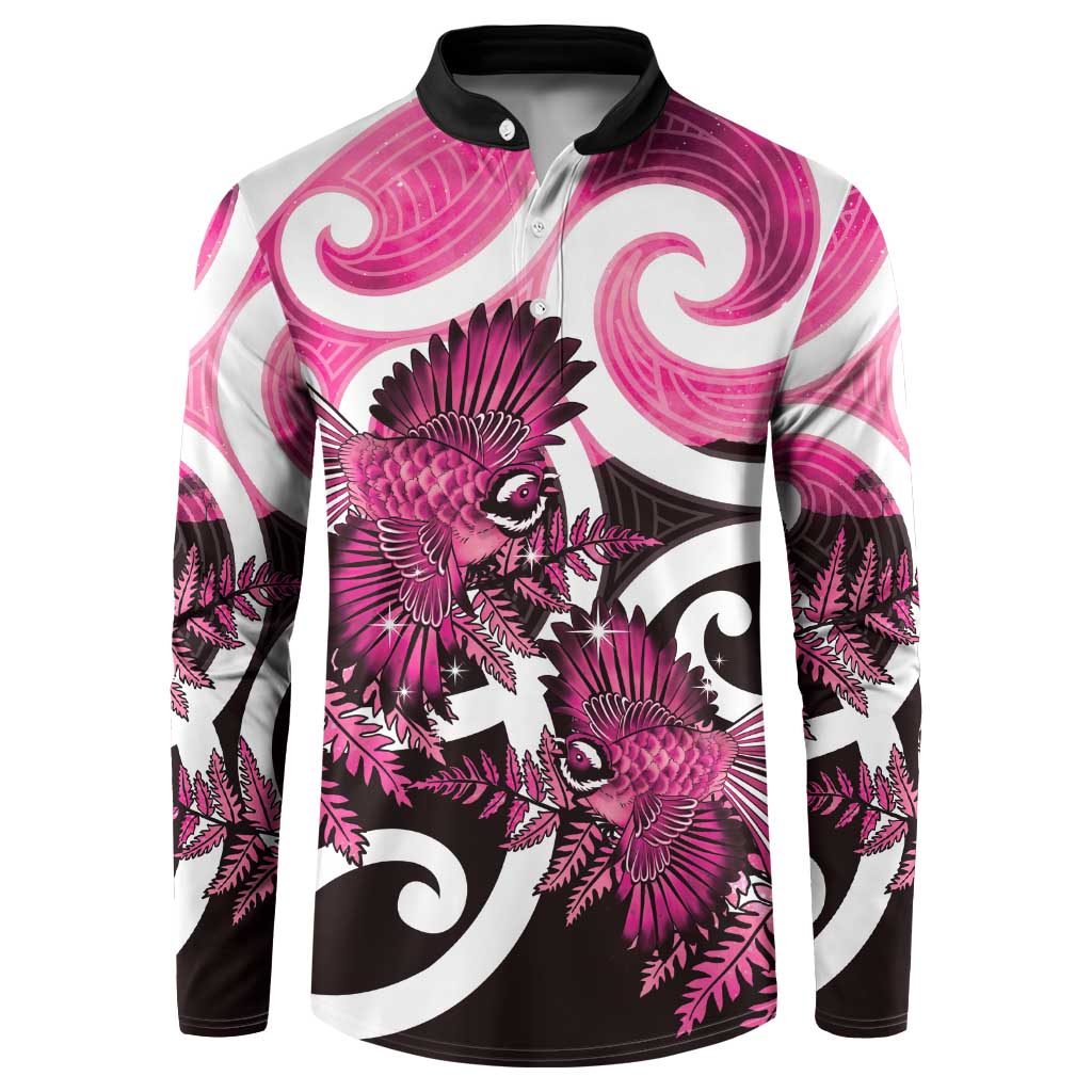 Piwakawaka New Zealand Matariki Button Sweatshirt Maori New Year Silver Fern Pink Galaxy LT14 Pink - Polynesian Pride