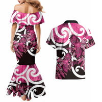 Piwakawaka New Zealand Matariki Couples Matching Mermaid Dress and Hawaiian Shirt Maori New Year Silver Fern Pink Galaxy
