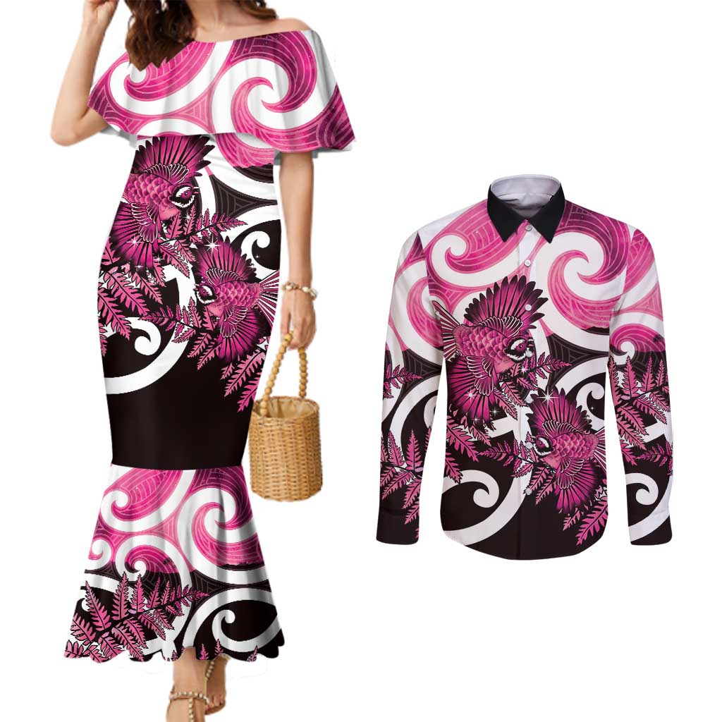 Piwakawaka New Zealand Matariki Couples Matching Mermaid Dress and Long Sleeve Button Shirt Maori New Year Silver Fern Pink Galaxy LT14 Pink - Polynesian Pride