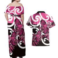 Piwakawaka New Zealand Matariki Couples Matching Off Shoulder Maxi Dress and Hawaiian Shirt Maori New Year Silver Fern Pink Galaxy