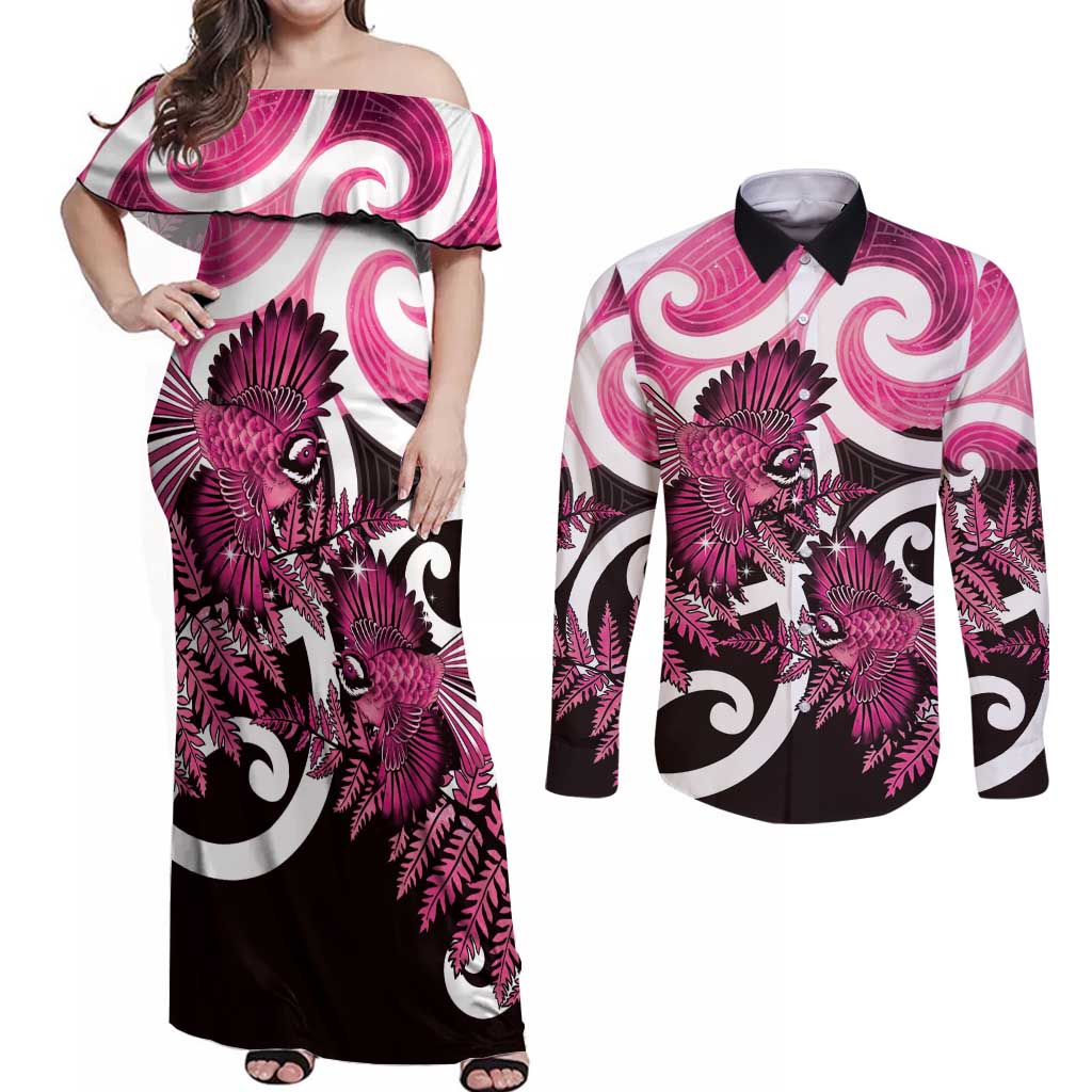 Piwakawaka New Zealand Matariki Couples Matching Off Shoulder Maxi Dress and Long Sleeve Button Shirt Maori New Year Silver Fern Pink Galaxy LT14 Pink - Polynesian Pride