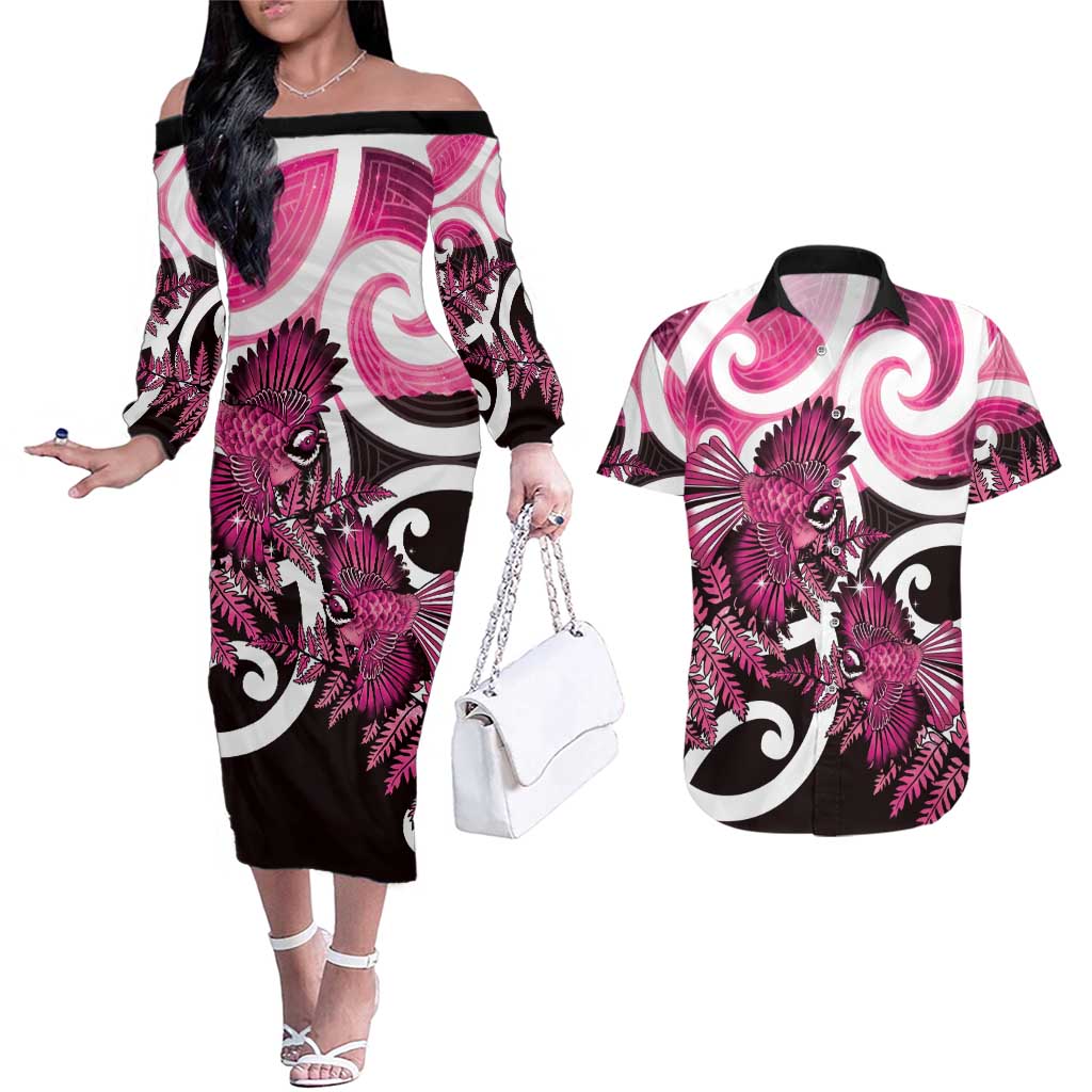 Piwakawaka New Zealand Matariki Couples Matching Off The Shoulder Long Sleeve Dress and Hawaiian Shirt Maori New Year Silver Fern Pink Galaxy LT14 Pink - Polynesian Pride