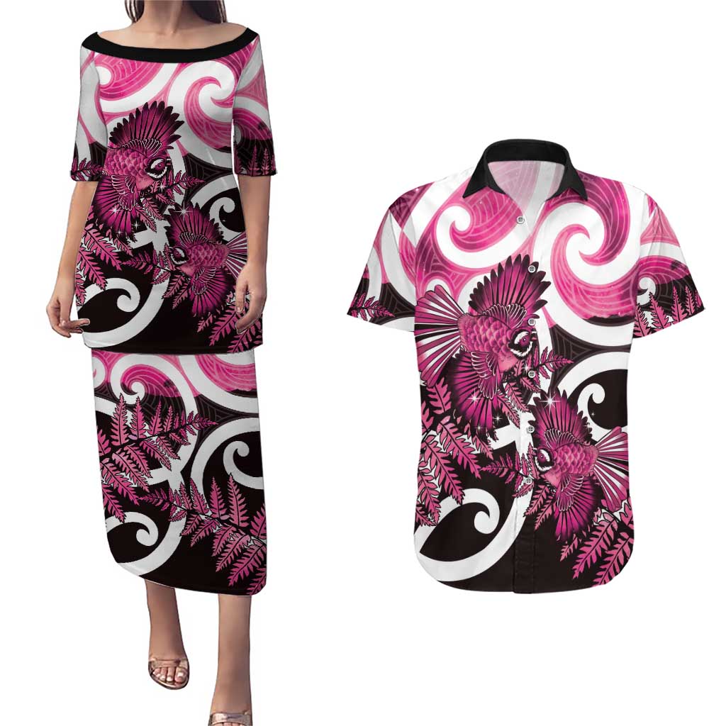 Piwakawaka New Zealand Matariki Couples Matching Puletasi and Hawaiian Shirt Maori New Year Silver Fern Pink Galaxy