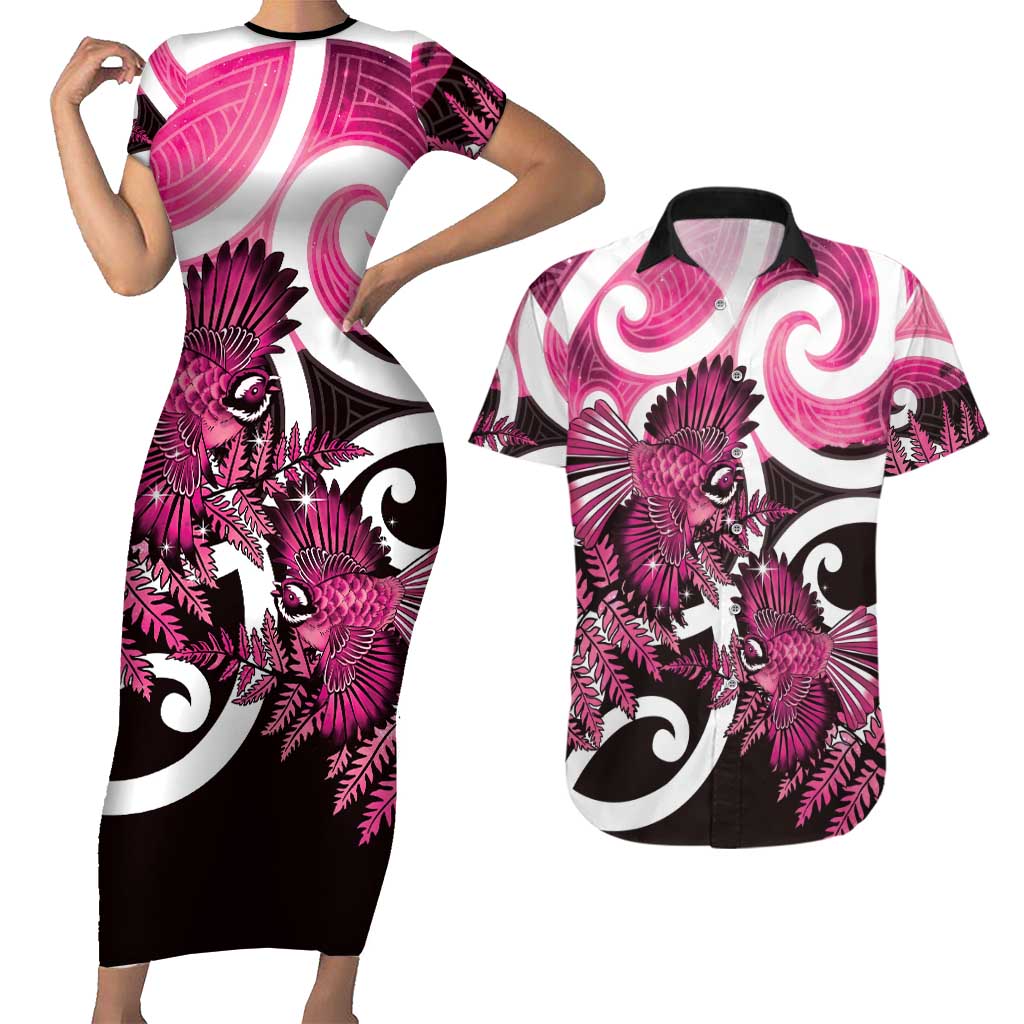 Piwakawaka New Zealand Matariki Couples Matching Short Sleeve Bodycon Dress and Hawaiian Shirt Maori New Year Silver Fern Pink Galaxy