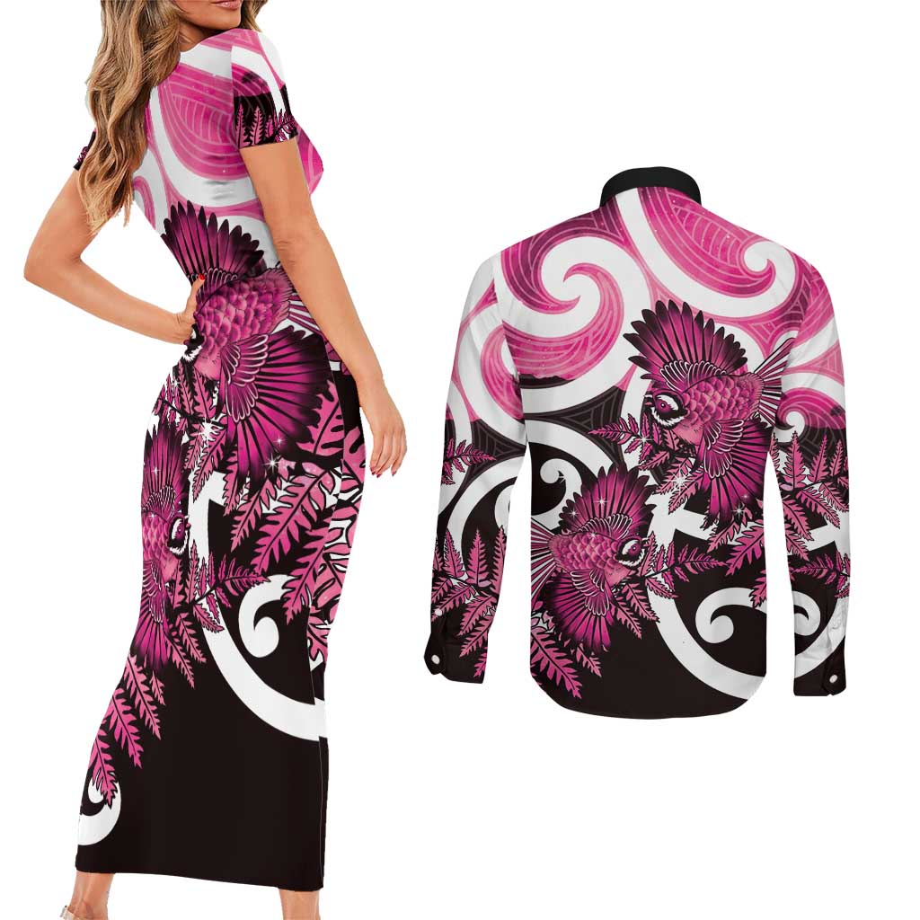 Piwakawaka New Zealand Matariki Couples Matching Short Sleeve Bodycon Dress and Long Sleeve Button Shirt Maori New Year Silver Fern Pink Galaxy