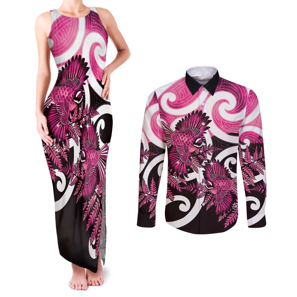 Piwakawaka New Zealand Matariki Couples Matching Tank Maxi Dress and Long Sleeve Button Shirt Maori New Year Silver Fern Pink Galaxy LT14 Pink - Polynesian Pride