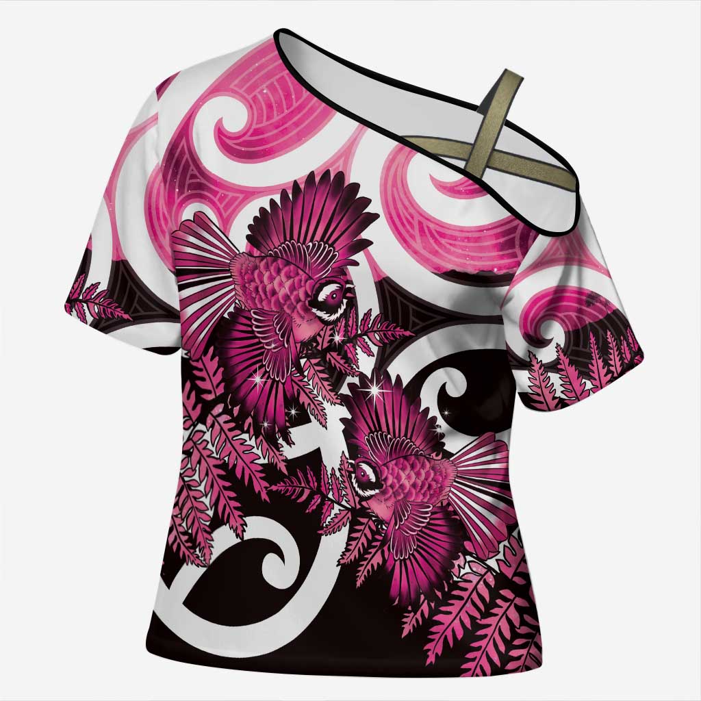 Piwakawaka New Zealand Matariki Cross Shoulder Shirt Maori New Year Silver Fern Pink Galaxy