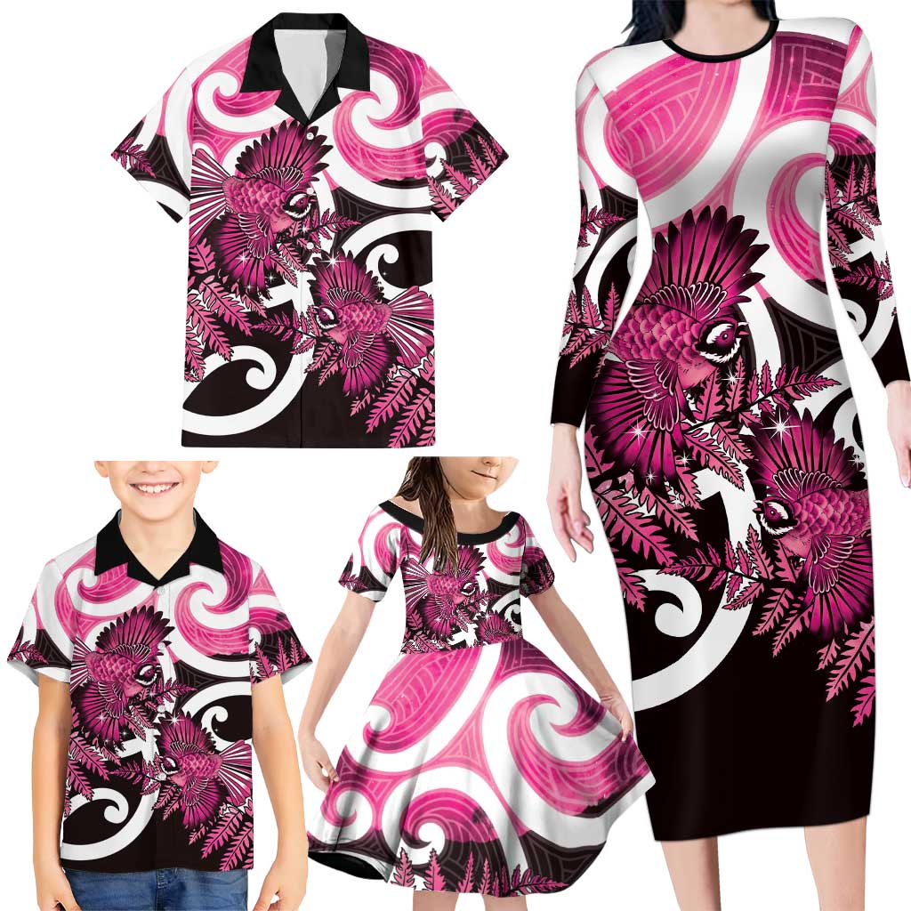 Piwakawaka New Zealand Matariki Family Matching Long Sleeve Bodycon Dress and Hawaiian Shirt Maori New Year Silver Fern Pink Galaxy