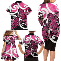 Piwakawaka New Zealand Matariki Family Matching Long Sleeve Bodycon Dress and Hawaiian Shirt Maori New Year Silver Fern Pink Galaxy