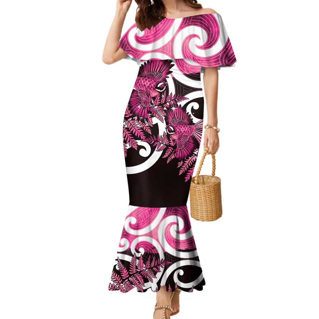 Piwakawaka New Zealand Matariki Family Matching Mermaid Dress and Hawaiian Shirt Maori New Year Silver Fern Pink Galaxy