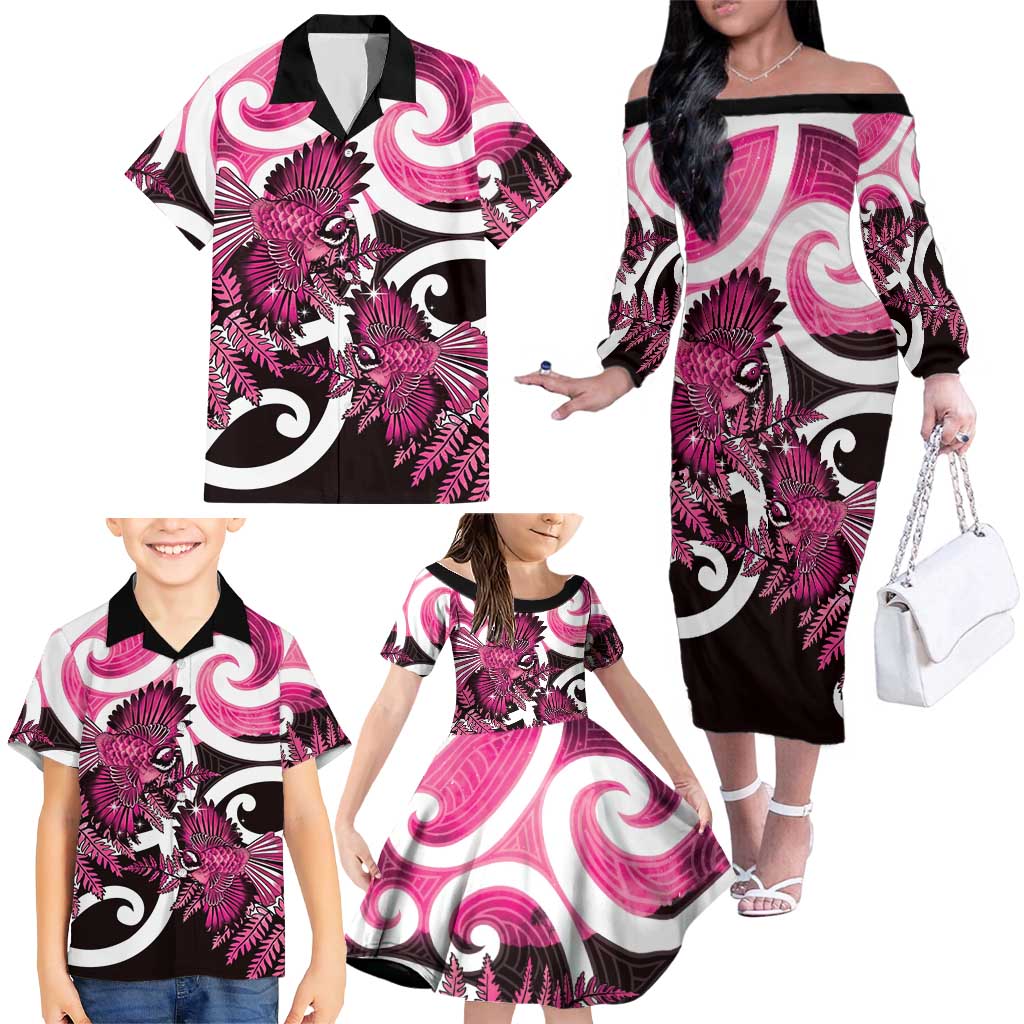 Piwakawaka New Zealand Matariki Family Matching Off The Shoulder Long Sleeve Dress and Hawaiian Shirt Maori New Year Silver Fern Pink Galaxy LT14 - Polynesian Pride