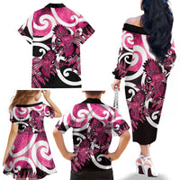 Piwakawaka New Zealand Matariki Family Matching Off The Shoulder Long Sleeve Dress and Hawaiian Shirt Maori New Year Silver Fern Pink Galaxy