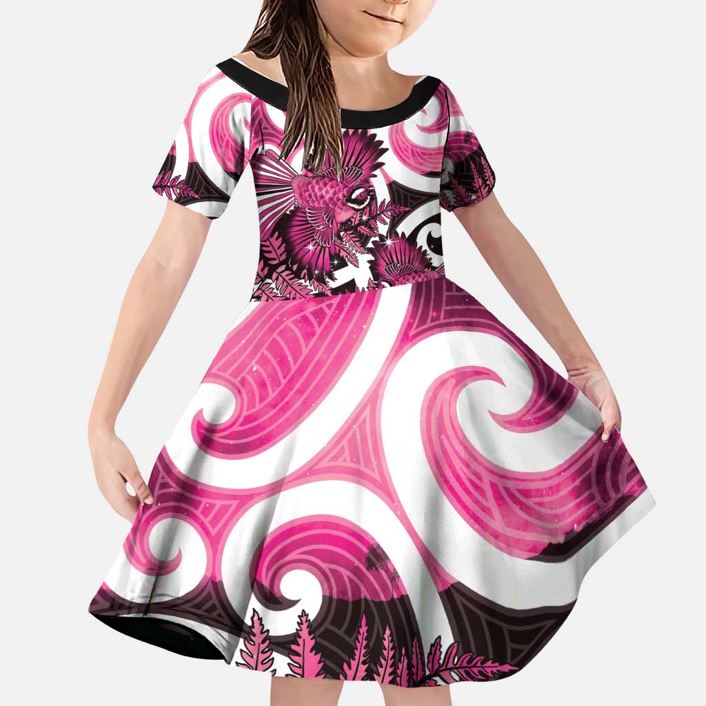 Piwakawaka New Zealand Matariki Family Matching Puletasi and Hawaiian Shirt Maori New Year Silver Fern Pink Galaxy