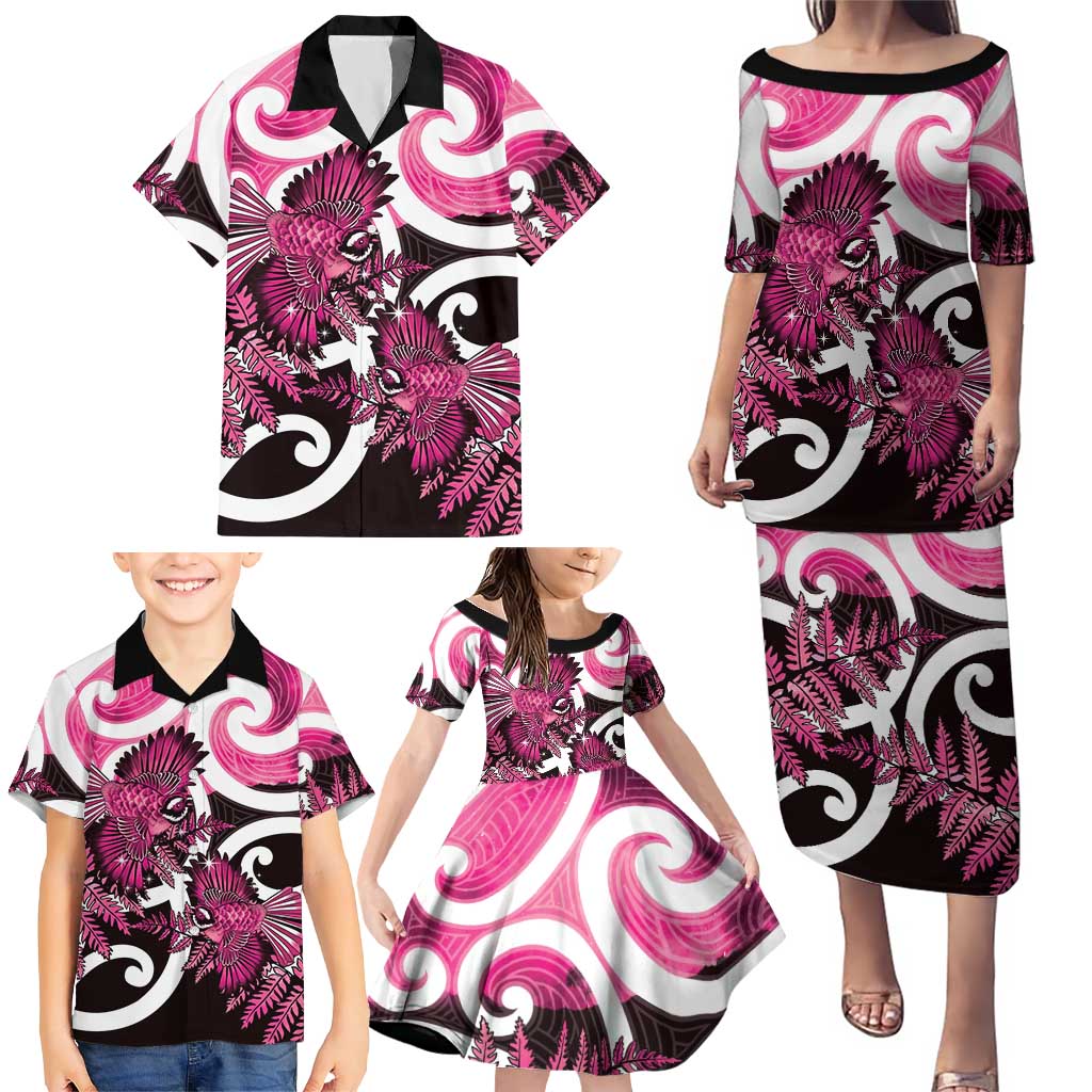 Piwakawaka New Zealand Matariki Family Matching Puletasi and Hawaiian Shirt Maori New Year Silver Fern Pink Galaxy