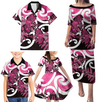 Piwakawaka New Zealand Matariki Family Matching Puletasi and Hawaiian Shirt Maori New Year Silver Fern Pink Galaxy