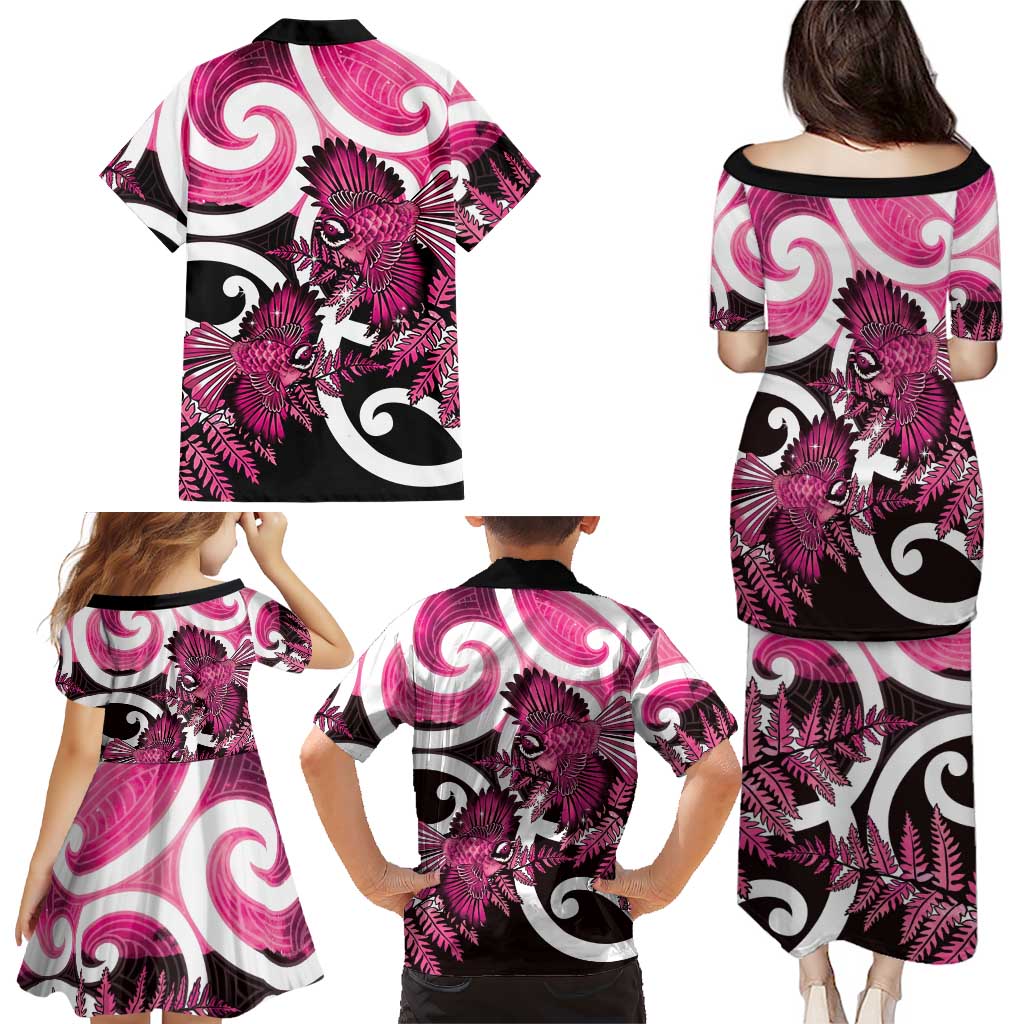 Piwakawaka New Zealand Matariki Family Matching Puletasi and Hawaiian Shirt Maori New Year Silver Fern Pink Galaxy
