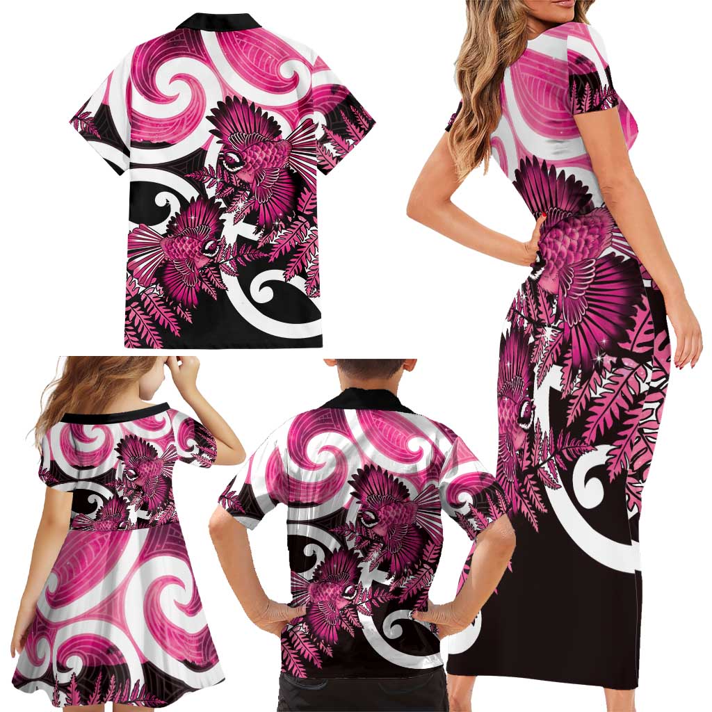 Piwakawaka New Zealand Matariki Family Matching Short Sleeve Bodycon Dress and Hawaiian Shirt Maori New Year Silver Fern Pink Galaxy