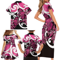 Piwakawaka New Zealand Matariki Family Matching Short Sleeve Bodycon Dress and Hawaiian Shirt Maori New Year Silver Fern Pink Galaxy