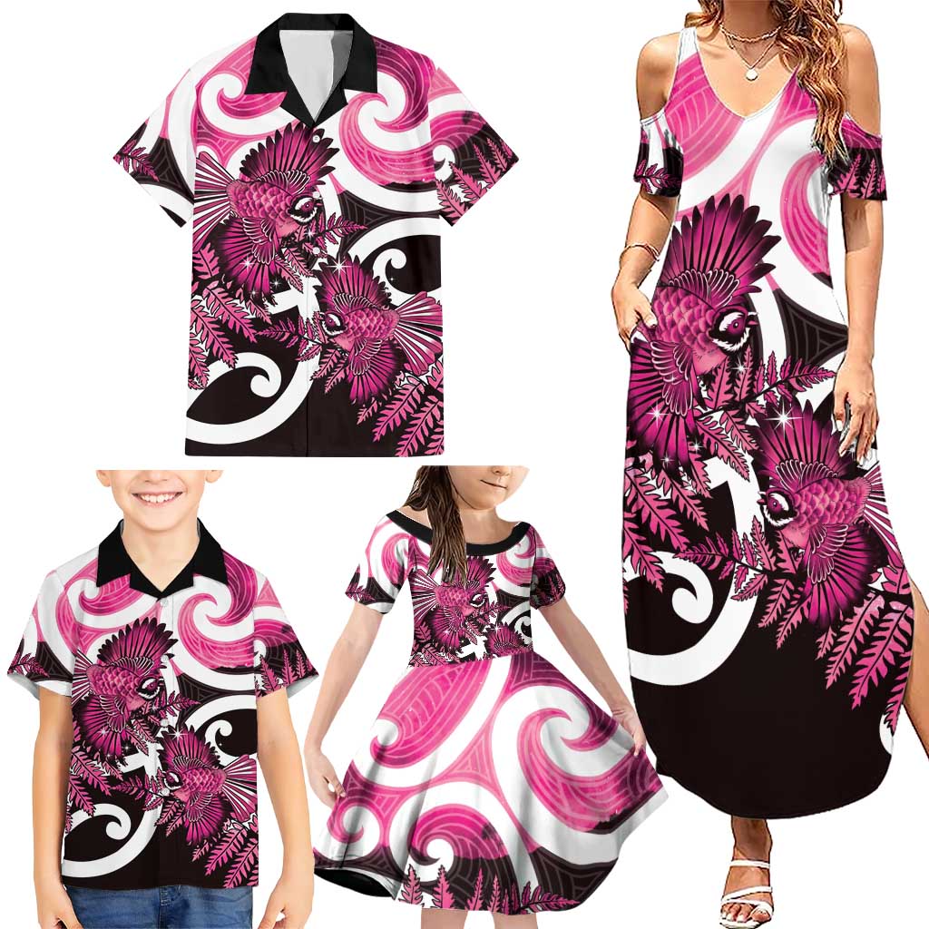 Piwakawaka New Zealand Matariki Family Matching Summer Maxi Dress and Hawaiian Shirt Maori New Year Silver Fern Pink Galaxy LT14 - Polynesian Pride