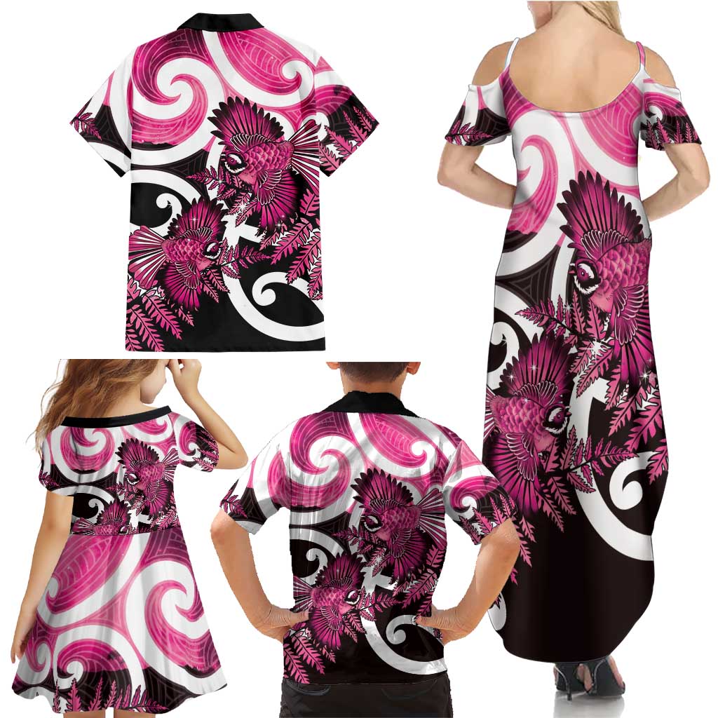 Piwakawaka New Zealand Matariki Family Matching Summer Maxi Dress and Hawaiian Shirt Maori New Year Silver Fern Pink Galaxy
