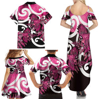 Piwakawaka New Zealand Matariki Family Matching Summer Maxi Dress and Hawaiian Shirt Maori New Year Silver Fern Pink Galaxy