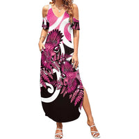 Piwakawaka New Zealand Matariki Family Matching Summer Maxi Dress and Hawaiian Shirt Maori New Year Silver Fern Pink Galaxy