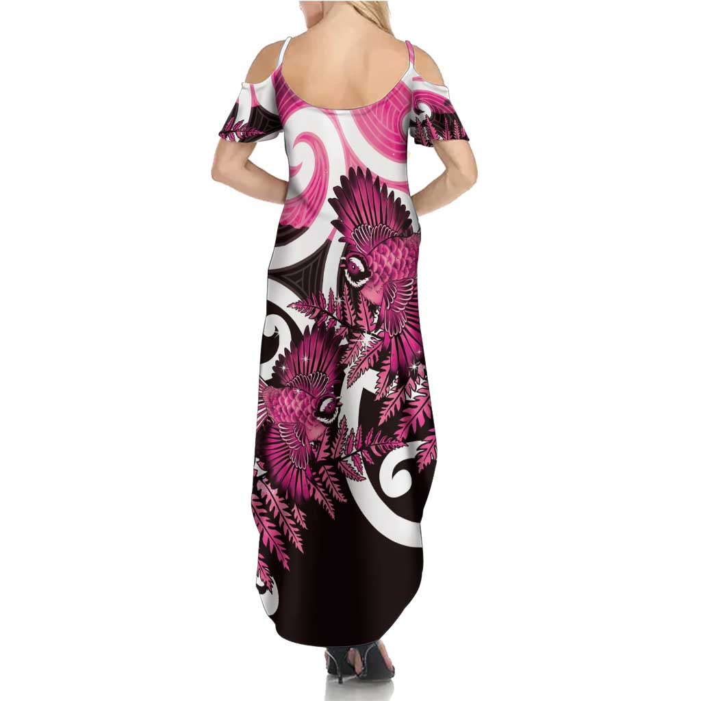 Piwakawaka New Zealand Matariki Family Matching Summer Maxi Dress and Hawaiian Shirt Maori New Year Silver Fern Pink Galaxy