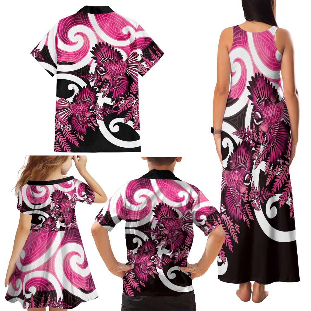 Piwakawaka New Zealand Matariki Family Matching Tank Maxi Dress and Hawaiian Shirt Maori New Year Silver Fern Pink Galaxy