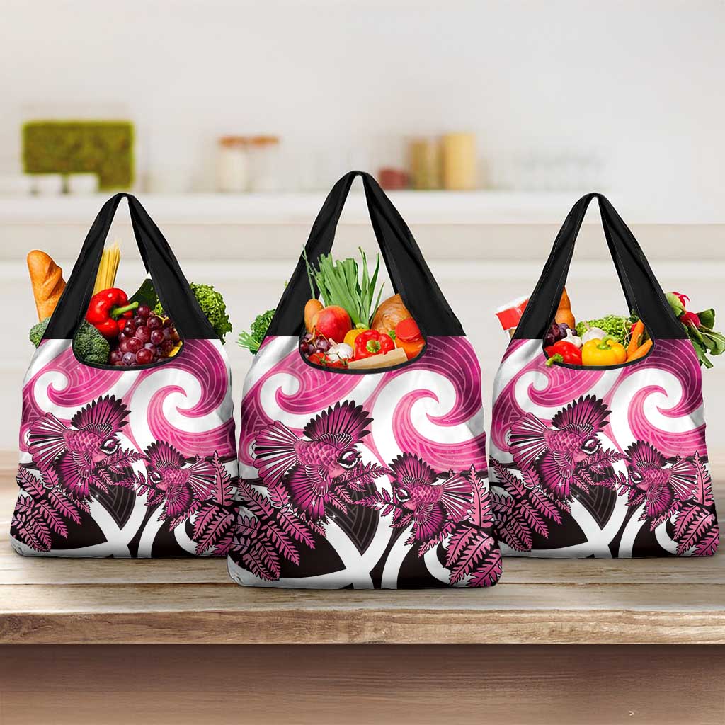 Piwakawaka New Zealand Matariki Grocery Bag Maori New Year Silver Fern Pink Galaxy