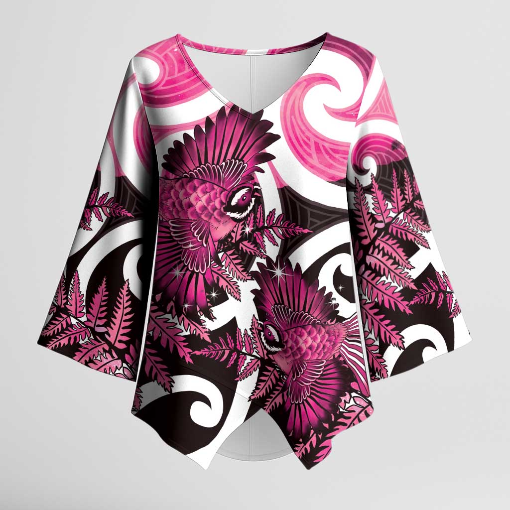Piwakawaka New Zealand Matariki Kimono Sleeve Blouse Maori New Year Silver Fern Pink Galaxy
