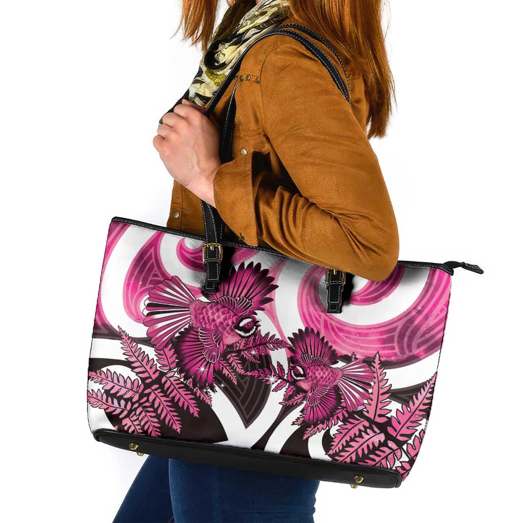 Piwakawaka New Zealand Matariki Leather Tote Bag Maori New Year Silver Fern Pink Galaxy LT14 Pink - Polynesian Pride